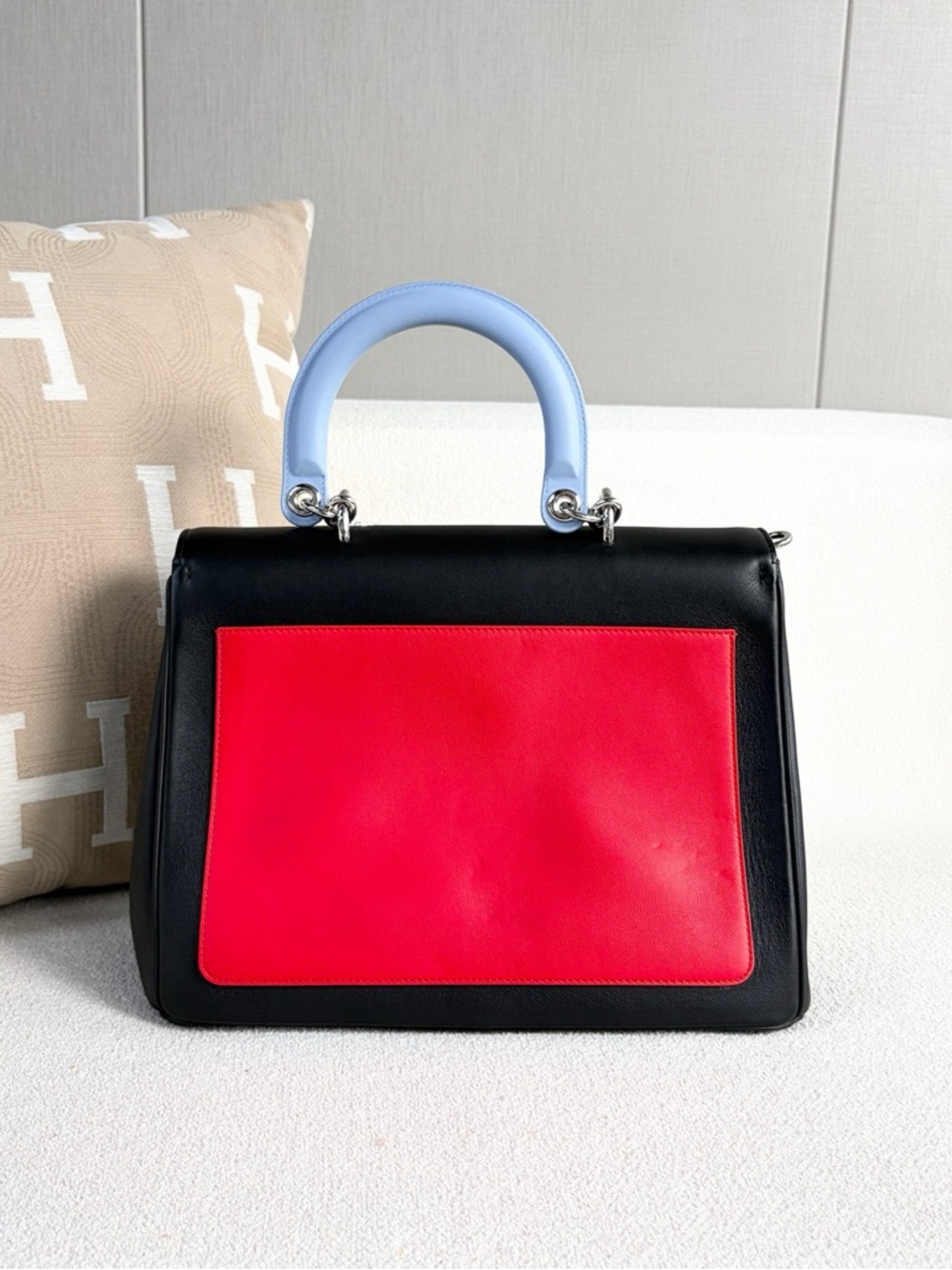 Dior Black Leather Top-Handle Satchel with Light Blue Handle and Red Charm 2015 - Picture 3 of 7